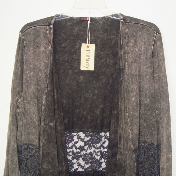 NWT T-PARTY Black Brown Long Line Waterfall Front Lace Accent Cardigan Size 1X - Picture 7 of 12